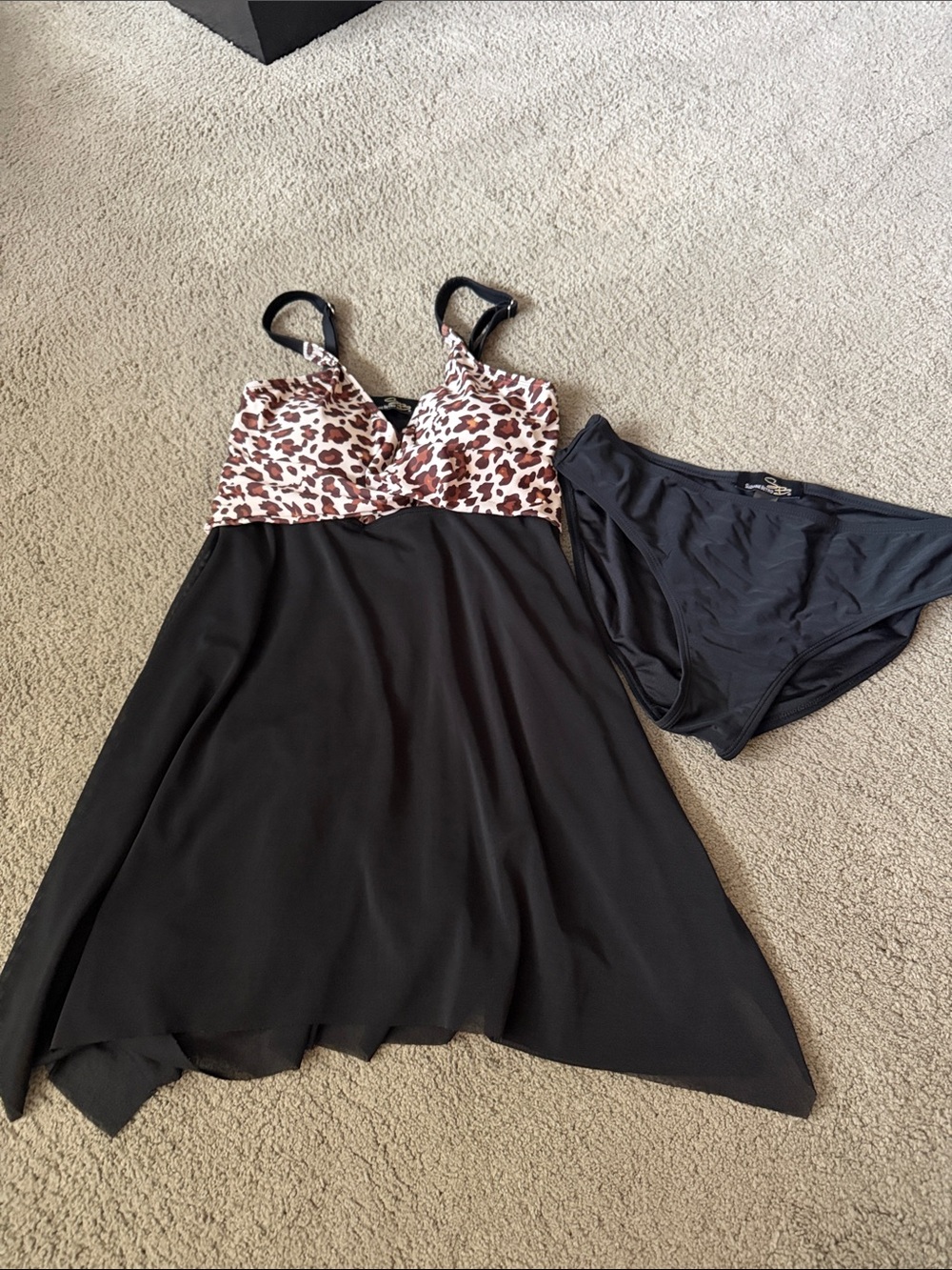 Suzanne Betro Black Swimdress with Leopard-Accent Bust